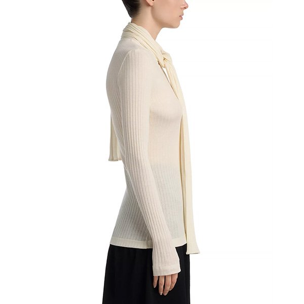 Ecru ribbed scarf top side view showing sculptural silhouette and scarf neck