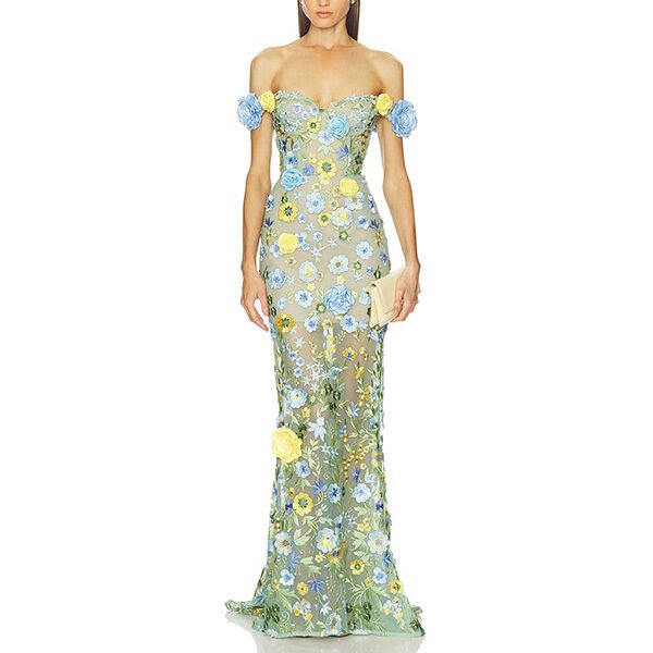 Floral Gown Bronx Banco Portofino Jasmine front view with off-shoulder 3D roses and cream clutch