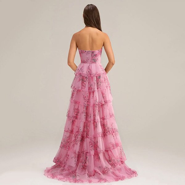 Floral Maxi Dress AW Giovanna candy pink back view showing zipper and cascading tiered tulle skirt