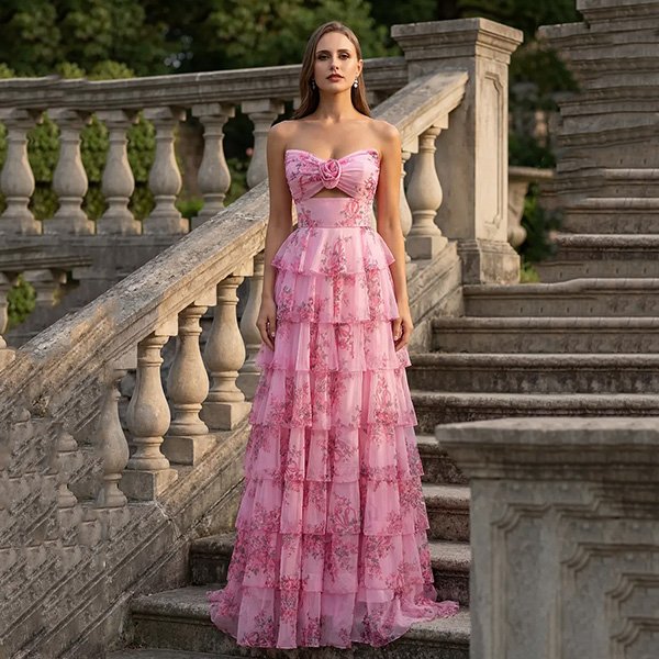 Floral Maxi Dress AW Giovanna full view on stone staircase with tiered floral tulle skirt