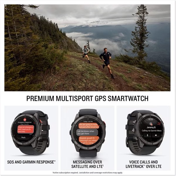 GPS Smartwatch used on trail with SOS, satellite messaging and LTE voice call features by Garmin