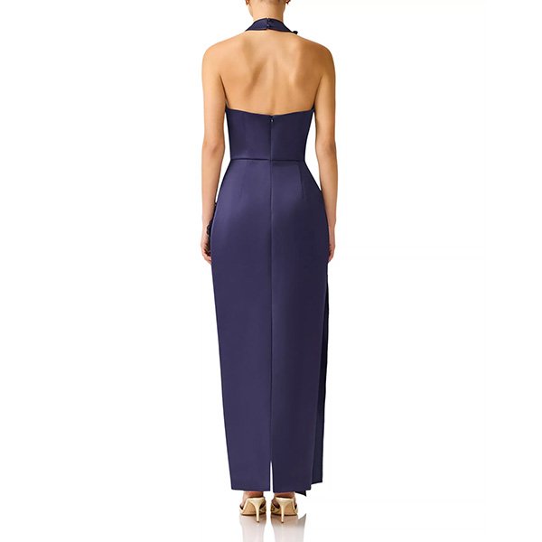 Halter Gown Elliatt Florea Navy back view showing button closure and floor-length silhouette