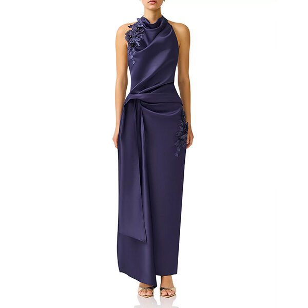 Halter Gown Elliatt Florea Navy front view with floral appliqués and gathered drape detail
