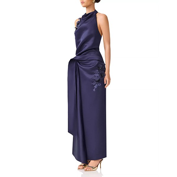 Halter Gown Elliatt Florea Navy side view showing halter neckline and elegant draping