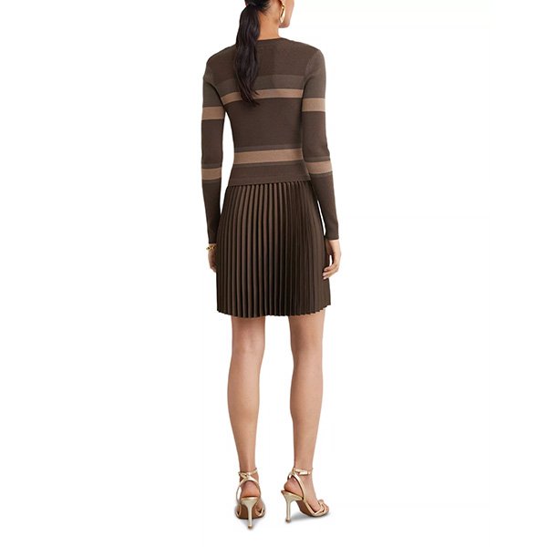 Knit Dress REISS Carly Chocolate back view with stripe bands and pleated hem