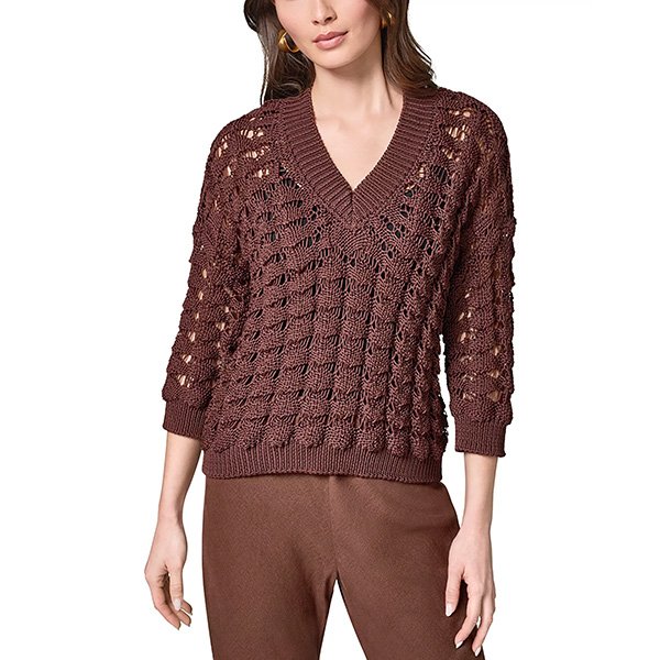 Knit Sweater Donna Karan Weekend Canyon front view with V-neck and three-quarter sleeves