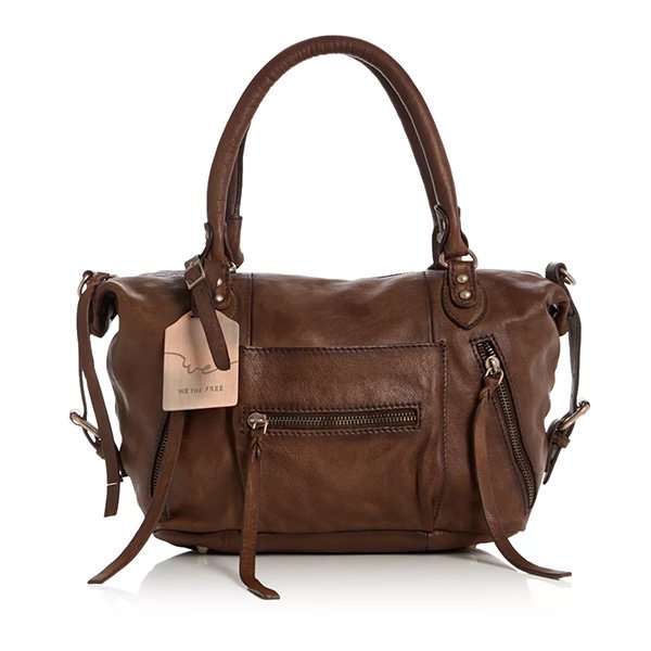 Leather Tote Free People Baby Emerson Espresso washed leather front view with pull tabs