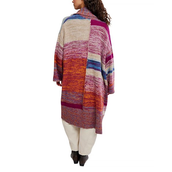 Long Cardigan Free People Enid Ocean Suns back view with color-block panels and ribbed edges