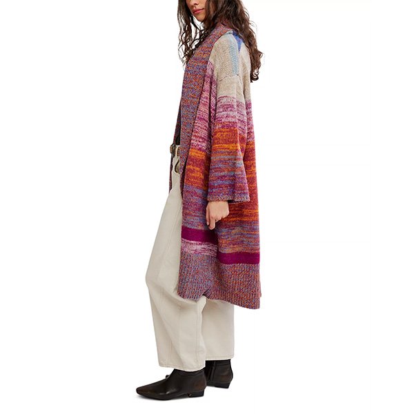 Long Cardigan Free People Enid Ocean Suns side view showing patchwork multicolor knit and longline hem