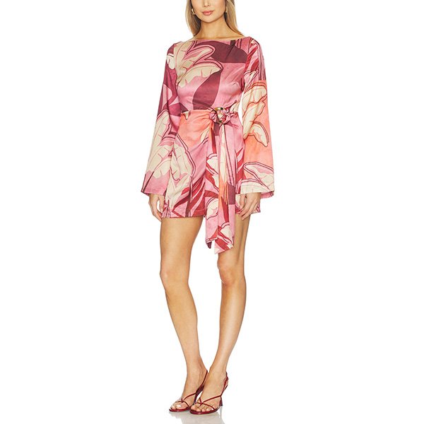 Long Sleeve Mini Dress Kaeli Berry side knot accent and tropical leaf print detail