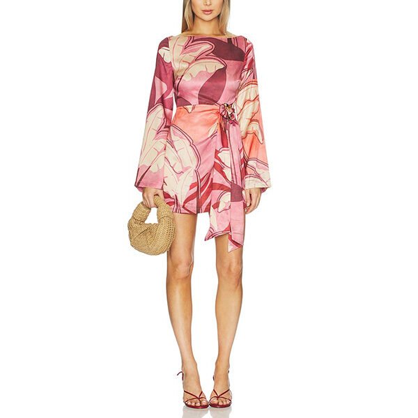 Long Sleeve Mini Dress Kaeli Berry by SEVEN WONDERS front view with raffia bag and strappy heels