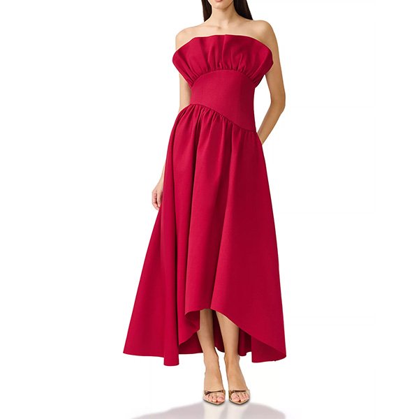 Maxi Dress Elliatt Laurel Burgundy front view with strapless bandeau and asymmetric hem