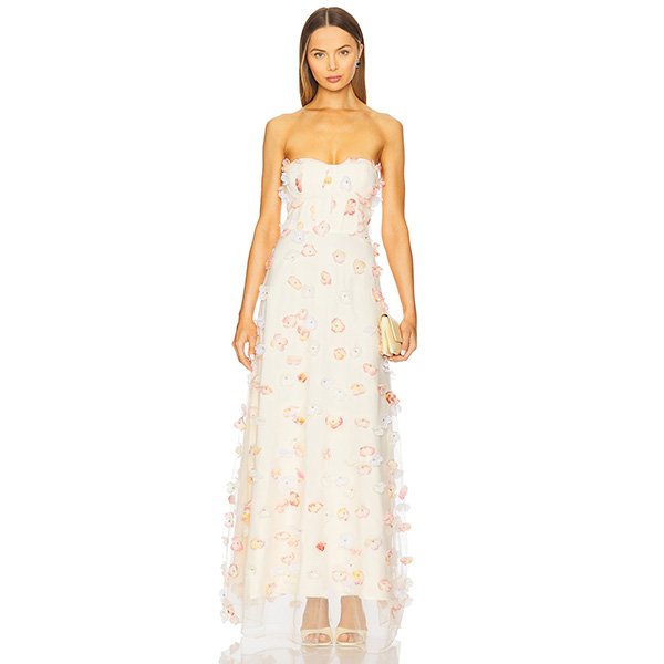 Maxi Dress ELLIATT Livia Multi front view with strapless boned bodice and cream clutch
