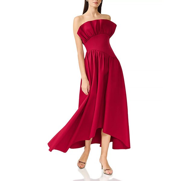 Maxi Dress Elliatt Laurel Burgundy side view showing asymmetric gathers and flowing silhouette