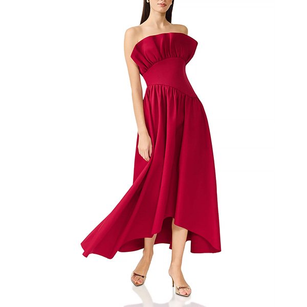 Maxi Dress Elliatt Laurel Burgundy side view showing asymmetric gathers and flowing silhouette