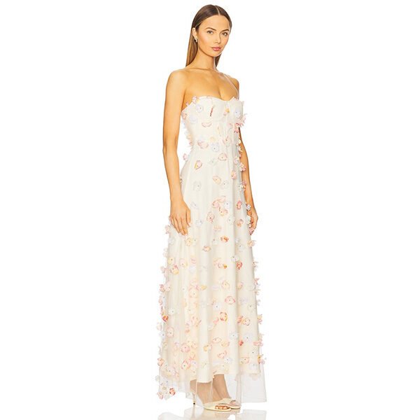 Maxi Dress ELLIATT Livia Multi side view showing 3D floral petals and floor-length mesh hem