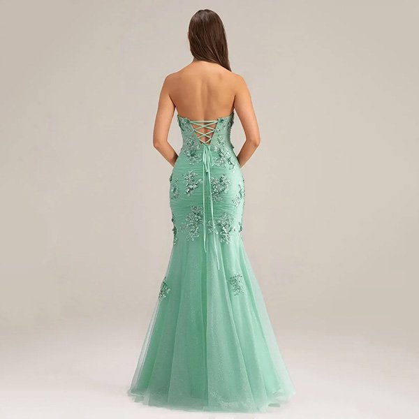 Mermaid Dress AW Caspar back view showing corset lace-up and cascading mermaid skirt