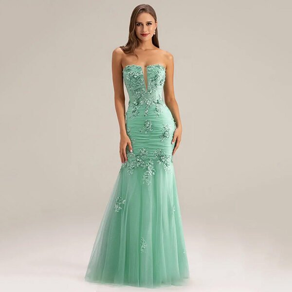 Mermaid Dress AW Caspar mint green full front view with beaded floral appliques and mermaid hem