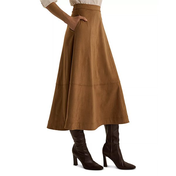 Midi Skirt Favorite Daughter Aspen Camel side view with hand in pocket and brown boots