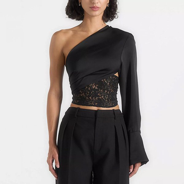 One Shoulder Top Manière De Voir Coralie in Black front view with diagonal lace cutout