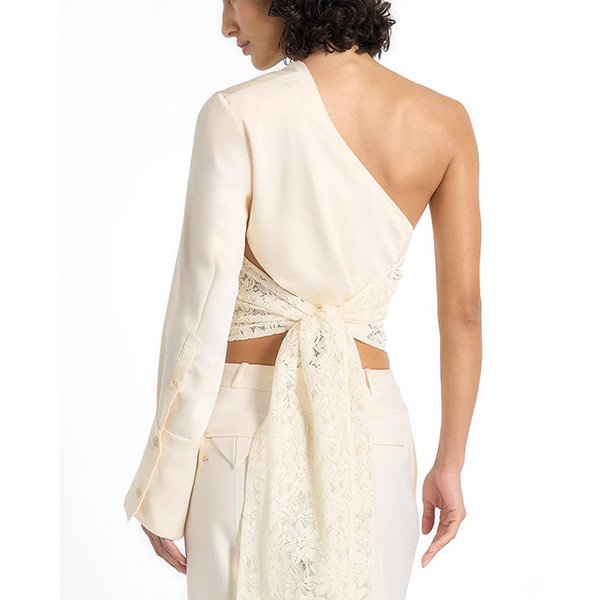 One Shoulder Top Manière De Voir Coralie in Champagne back view with trailing lace bow