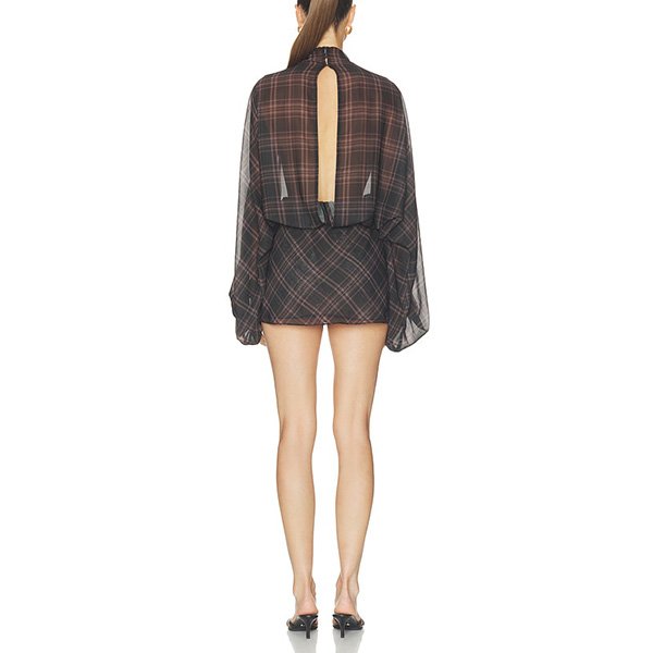 Plaid Mini Dress Albany by L'Academie back view showing vented cut-out and balloon sleeves