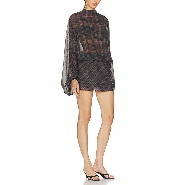Side profile of Plaid Mini Dress in Brown Plaid featuring sheer georgette sleeves