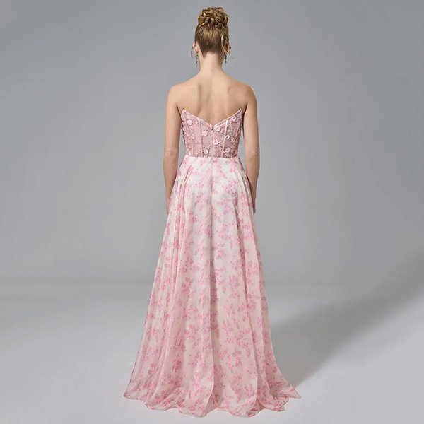 Prom Dress AW Yolande blushing pink back view with corset bodice and floral chiffon A-line skirt