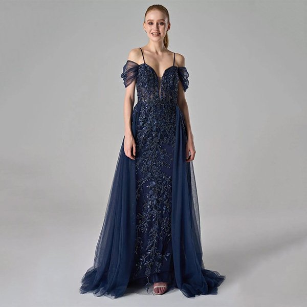 Prom Dress AW Annis Dark Navy front view with sequin embroidery and off-shoulder sleeves