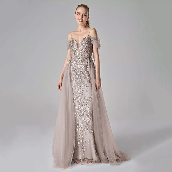 Prom Dress AW Annis Dusk shade front view with cascading floral embroidery