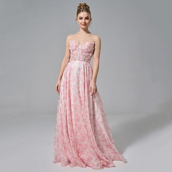 Prom Dress AW Yolande blushing pink front view with 3D floral appliqués and beaded corset