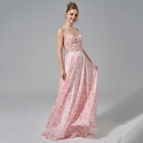 Prom Dress AW Yolande side view showing sweetheart corset bodice and flowing floral skirt