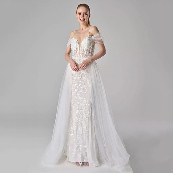 Prom Dress AW Annis White front view with illusion V-neck and embroidered mermaid skirt