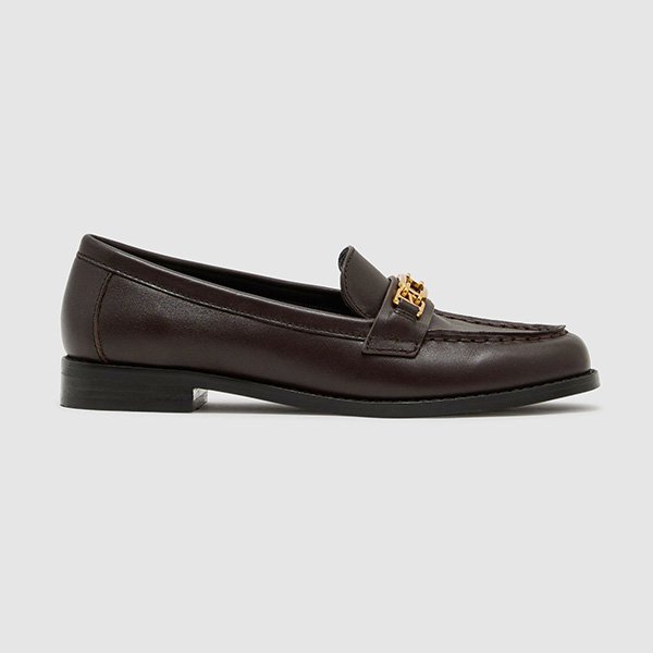 Side profile of REISS Rita Chocolate Leather Loafers showing 3cm heel and gold hardware detail