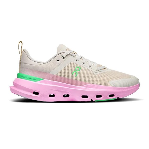 Running Shoes On Cloudpulse Next Silver Honeydew lateral side view with pink CloudTec midsole and green accent