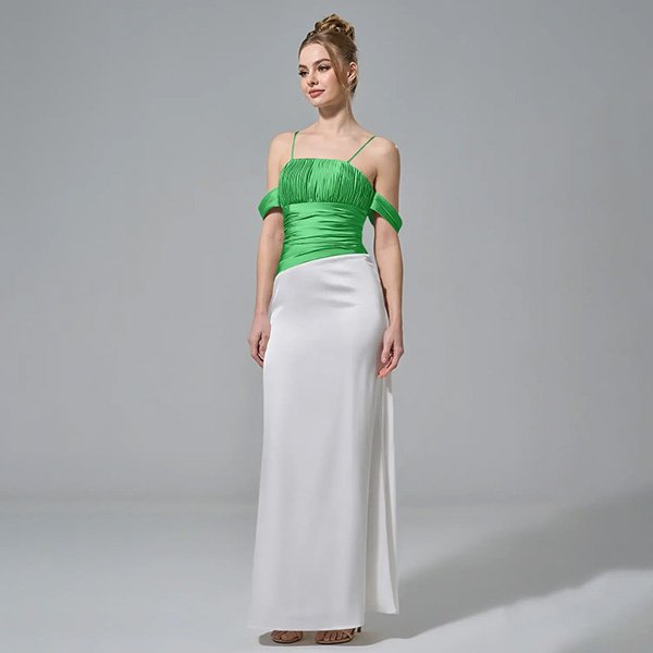 Satin Dress AW Leilani in Jasmine Green off-the-shoulder styling with color-block seam