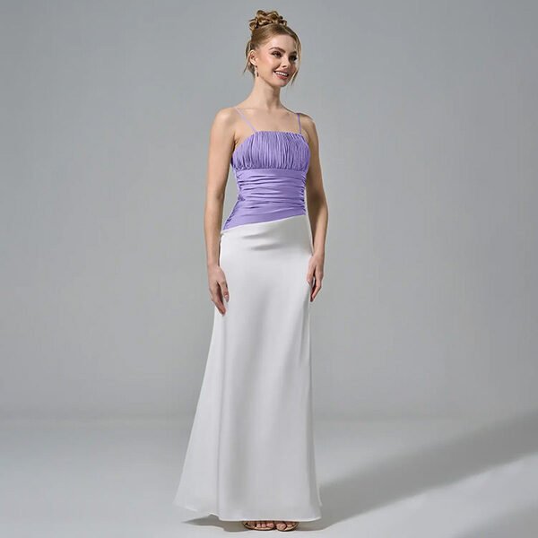 Satin Dress AW Leilani in Lilac with spaghetti straps and pleated straight bodice