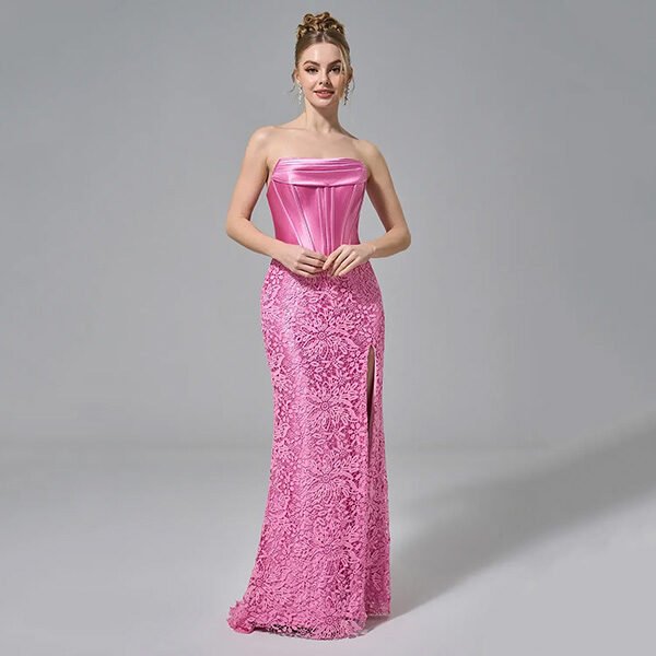 Strapless Dress AW Janelle front view of folded straight satin neckline and lace mermaid skirt