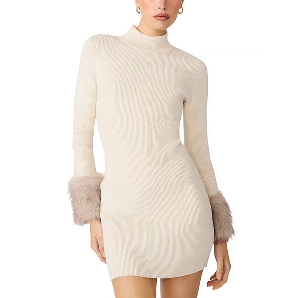 Sweater Dress Steve Madden Riello Cream rib knit mini with blush faux fur cuffs