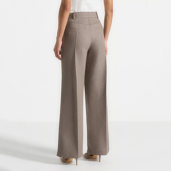 Taupe wide leg pants back view showing discreet back pockets and tailored fit