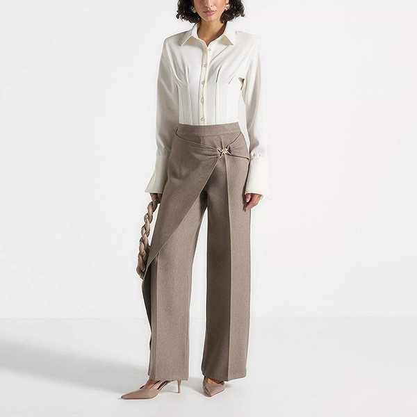 Taupe wide leg trousers with wrap waist and gold hardware detail front view