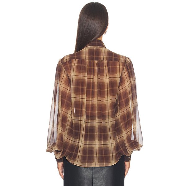 Tie Neck Blouse Bardot Cecile Brown Check back view with yoke pleats and sheer sleeves