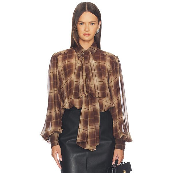Tie Neck Blouse - Cecile Brown Check | Bardot