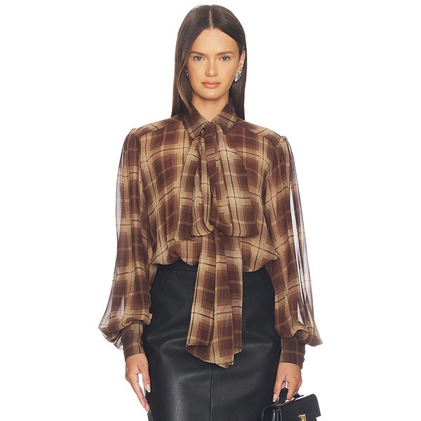 Tie Neck Blouse - Cecile Brown Check | Bardot