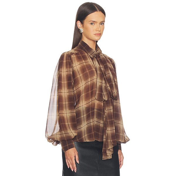 Tie Neck Blouse Bardot Cecile sheer georgette balloon sleeve and brown check print side view