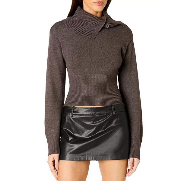 Turtleneck Sweater NIA Arden Charcoal front view with cropped ribbed hem and fitted waist