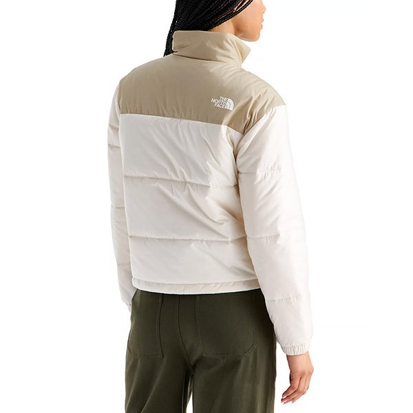 White dune puffer jacket back view showing The North Face logo and quilted design