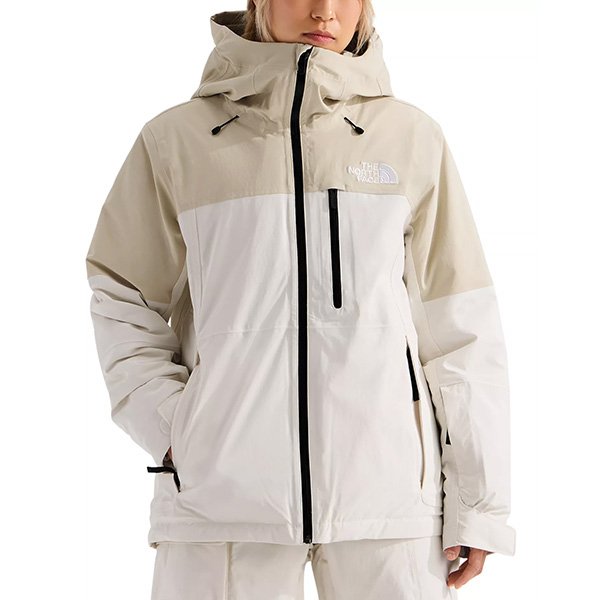 White dune ski jacket with black zipper front view showing insulated design
