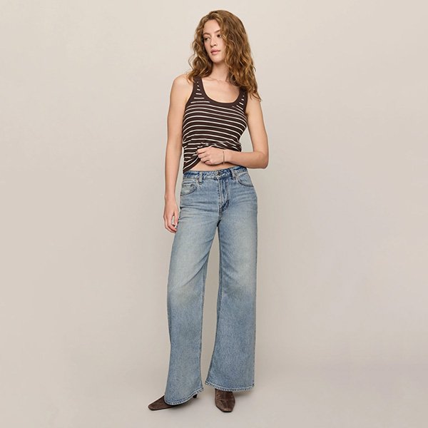 Wide Leg Jeans Z Supply Stunner full length front view styled with striped tank and brown boots
