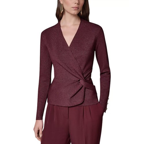 Wrap Top Donna Karan Black Cherry front view with crossover V-neck and twisted waist